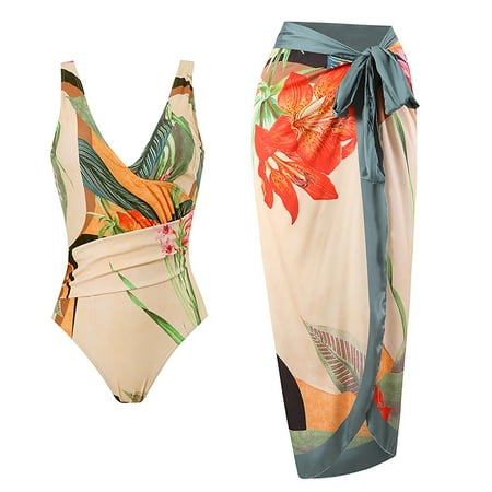 KkSLirnhs Swimsuit Women One Piece Classic Swimsuit Women Cover Up Shorts one-piece Bikini Lace Up Long Skirt Chiffon Two-Piece Multi-color S