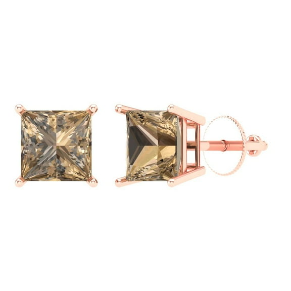 Clara Pucci 3Ct Champagne Princess Cut VVS1 Screw Back Stud 18k Solid hypoallergenic Gold Designer Earrings For April