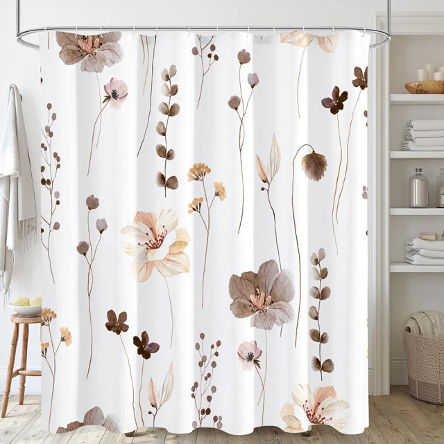 Extra Long Shower Curtain 72 x 84, Watercolor Floral Fabric Shower Curtain, Brown Beige Flower Decorative Bathroom Shower Curtain Set with Hooks