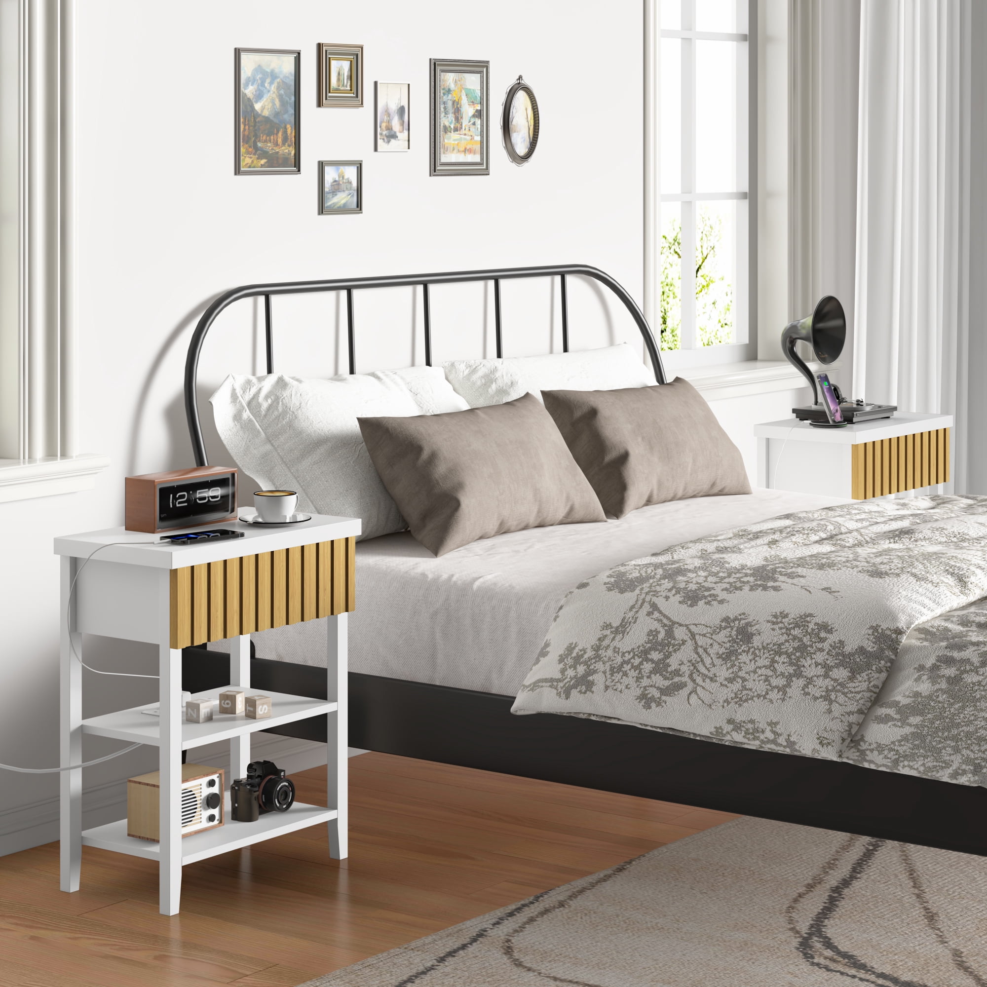Fluted Nightstand with Charging Station,Farmhouse Night Stand with Drawer & 2 Open Storage Shelves,Modern Side Table for Bedroom Small Space Living Room Entryway,White
