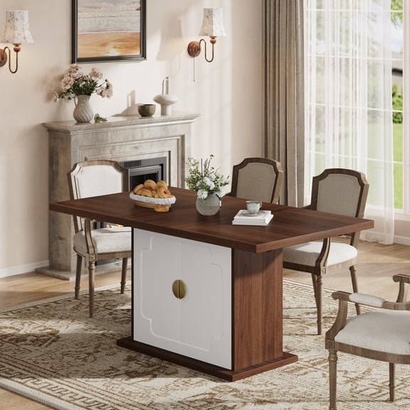 63" Dining Table for 4-6 People, Long Wooden Kitchen Table with Hidden Storage Space, Farmhouse Dining Room Table with Pedestal Base, Walnut