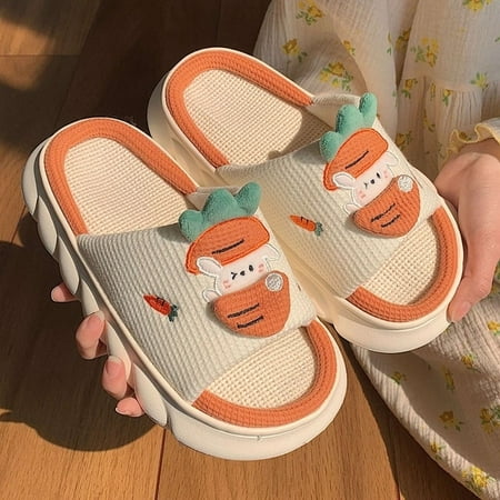 

PIKADINGNIS 2022 Cute Cartoon Bunny Cotton Linen Slippers Women Summer Breathable Platform Slides Floor Mute Slippers Kawaii Flip Flops