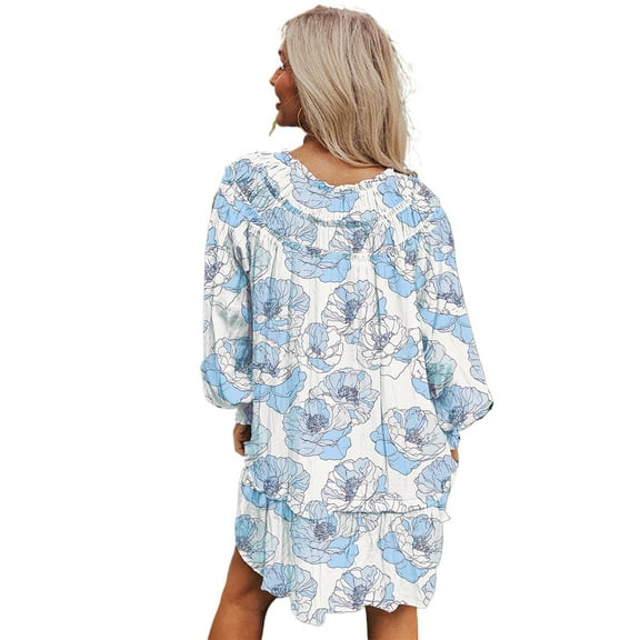 Sky Blue Floral Print Tie Neck Long Sleeve Flowy Mini Dress for Women | L