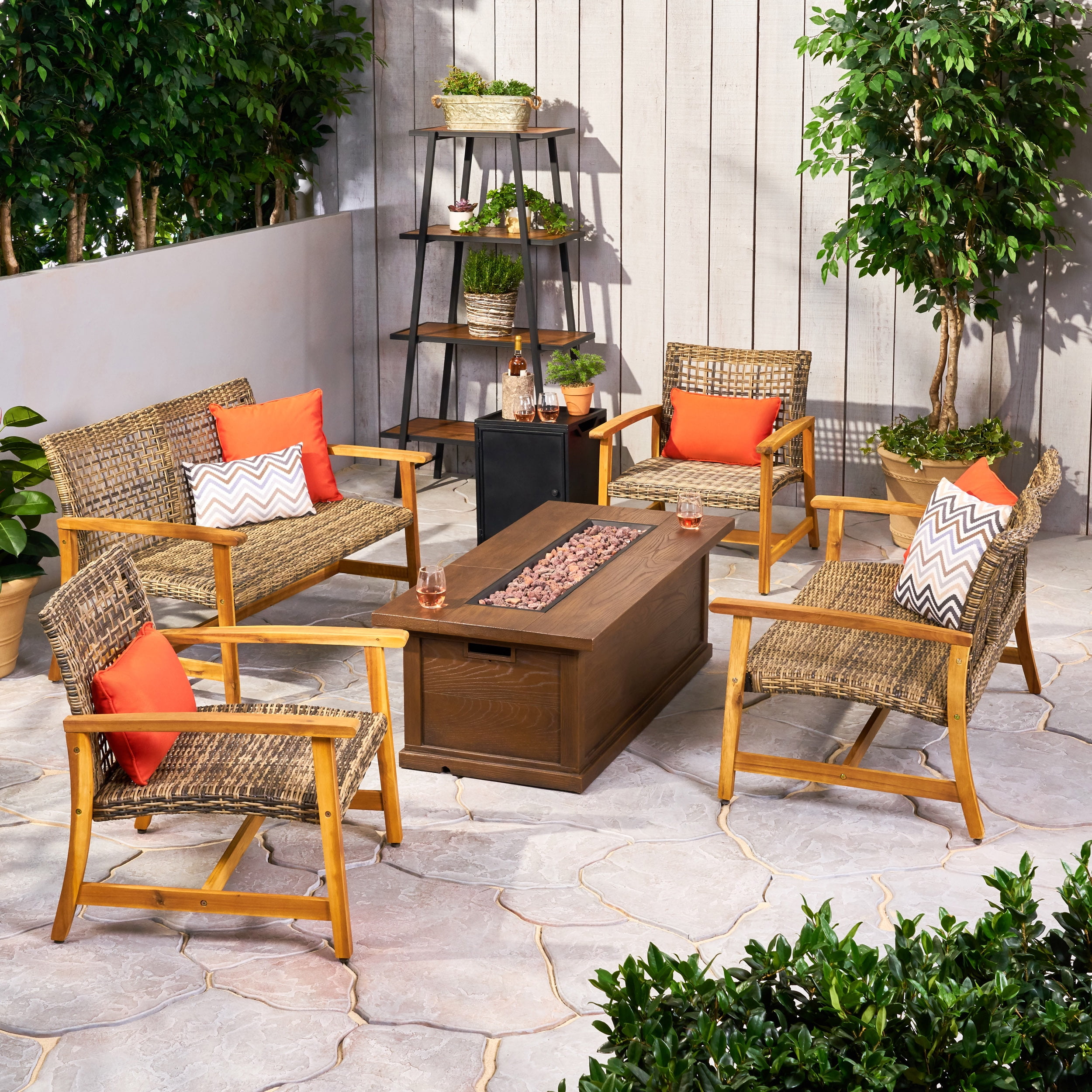 Harleigh Outdoor 6 Piece Wood and Wicker Chat Set with Fire Pit, Gray and Brown
