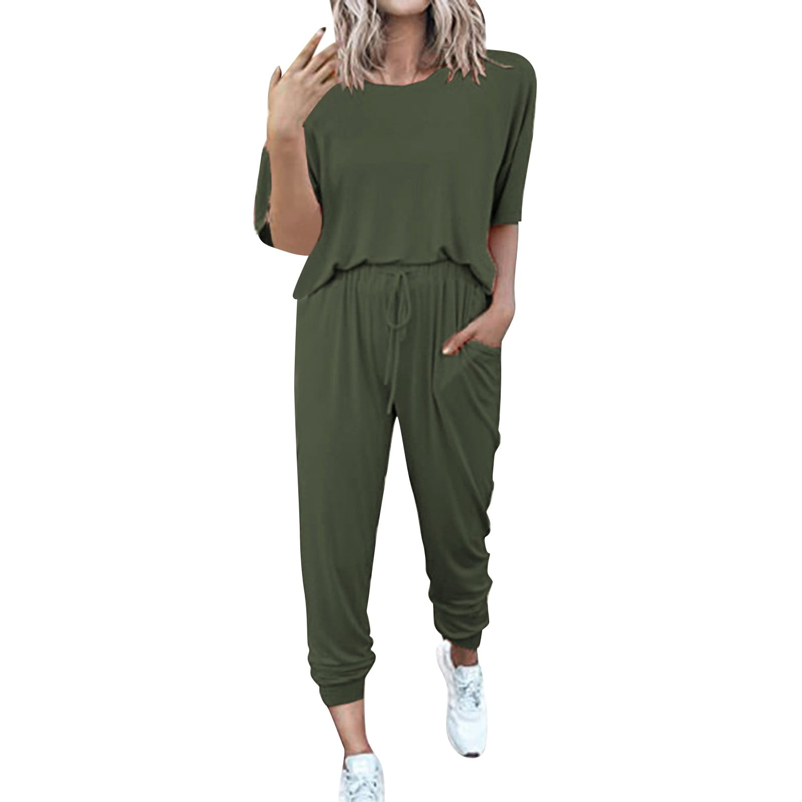 Two Piece Sets,Lounge Sets,Two Outfit Short Sleeve Pullover With Drawstring Long Pants Tracksuit Jogger Set,Matching Sets,Womens Sweatshirt,Tracksuit for Women,Fall Outfits,Army Green 3XL - image 2