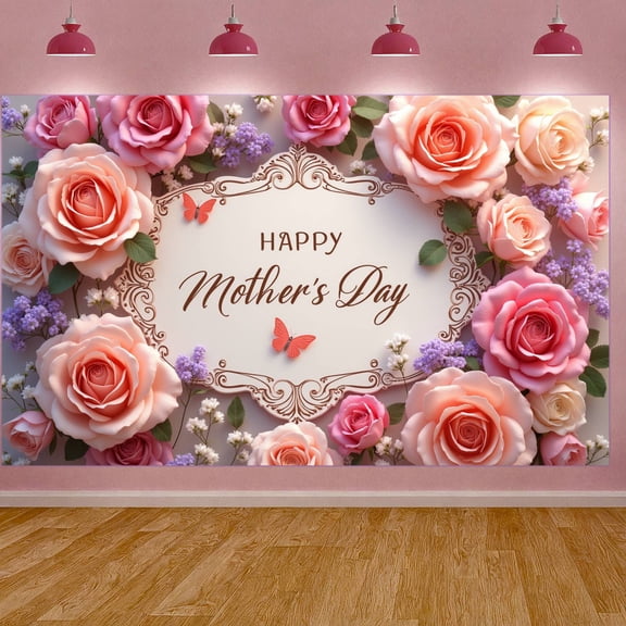 Woodland Happy Mother's Day Banner Floral Decor Mother's Day Backdrop Golden Calligraphy Rustic Aesthetic Greeting Background for Mother's Day Celebration Home Decoration Family Gathering