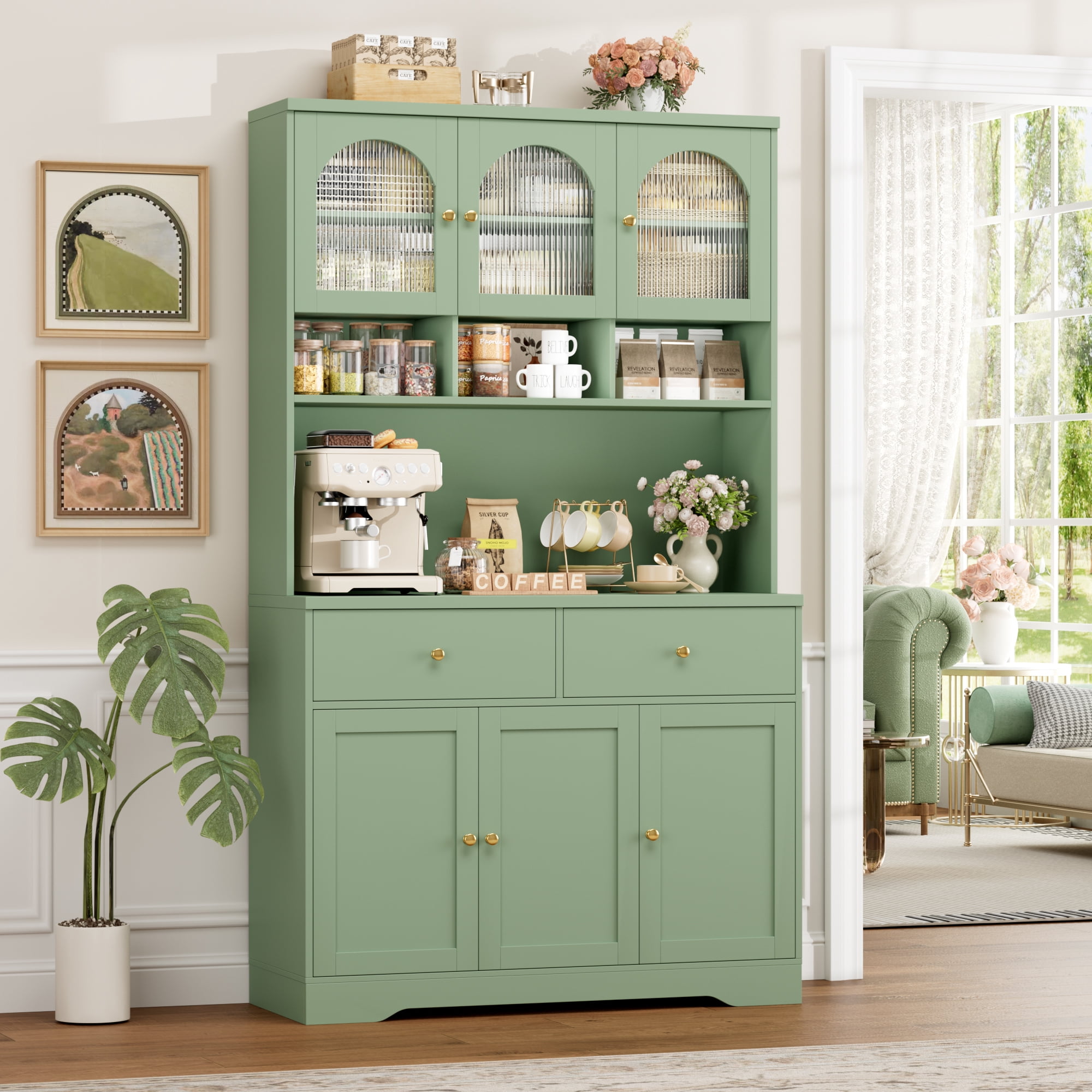 Hiphuta 71"in Modern Kitchen Pantry Storage Cabinet, Freestanding Kitchen Hutch Cabinet with Adjustable Shelves & Microwave Stand, Modern Coffee Hutch for Dining Room, Green