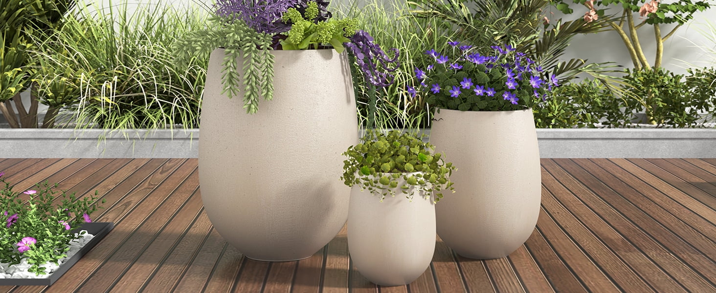 Mintazer Modern Planter Set of 3, 15.6"/10.74"/7.3" Round Stackable Flower Pots with Drainage Holes, Decorative Plant Pots for Indoor & Outdoor, Light Beige