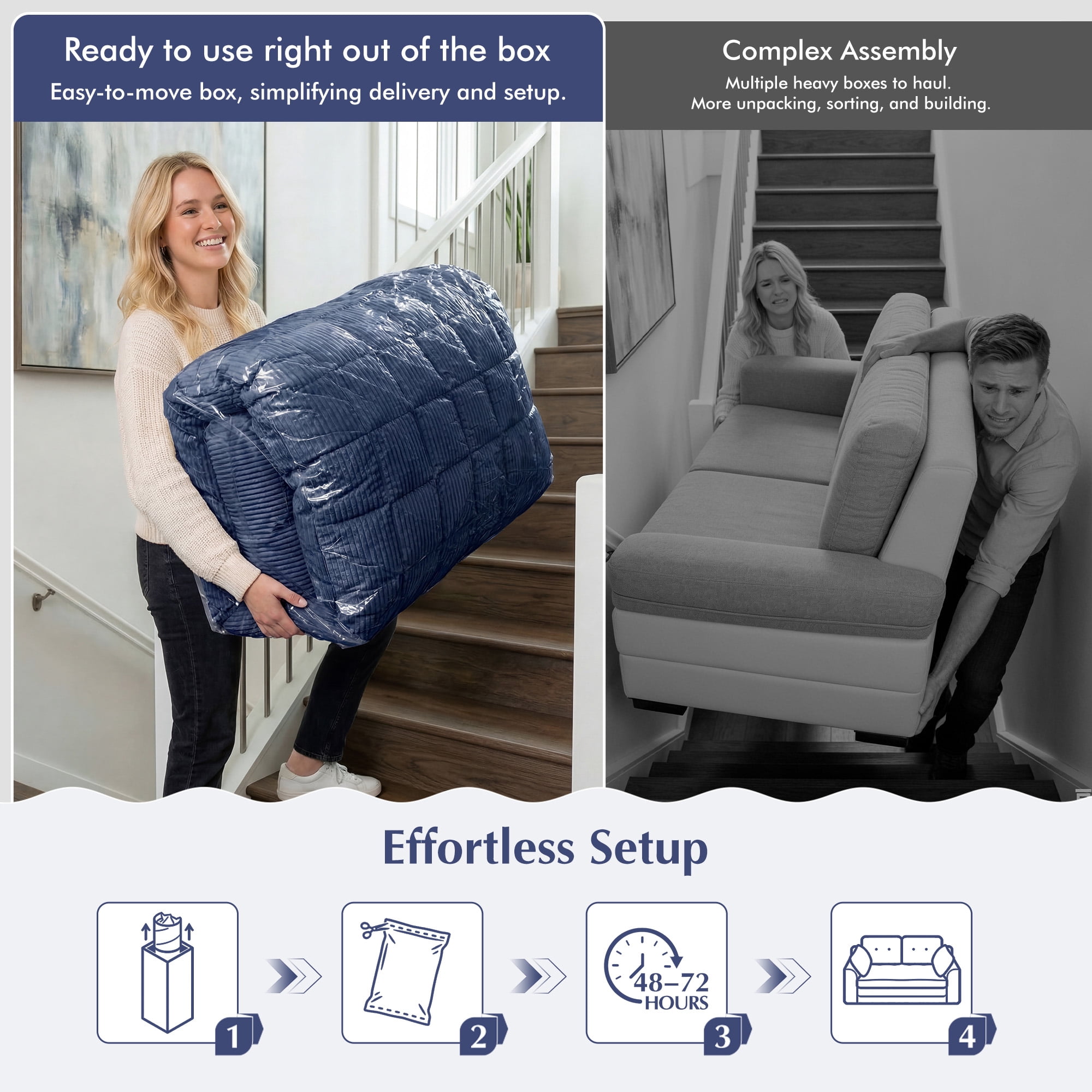 EnHomee 58.6" Foldable Sofa for Adult Loveseat Sofa Couch with Deep Seat Adjustable Floor Sofa Couch with 4 Pillows,Navy Blue