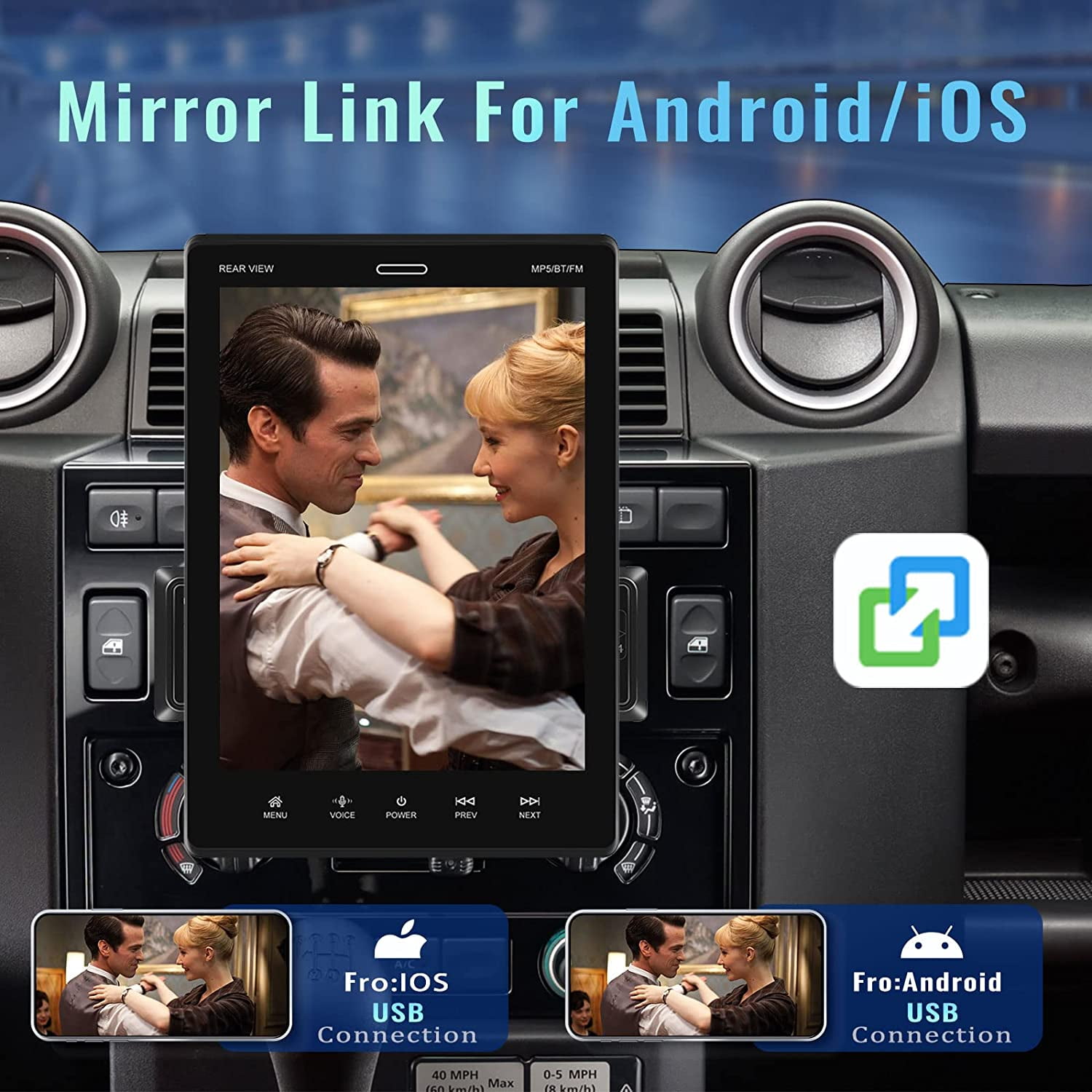 Podofo Single Din 9.5'' Car Stereo with Apple Carplay Android Auto HD Touch Screen Car MP5 Player Car Radio Bluetooth Mirror Link USB FM,with 12 LED Rear Camera