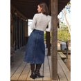 thumbnail image 3 of Womens Dark Wash High Waist Scalloped Button-Front Denim A-Line Midi Skirt, 3 of 30