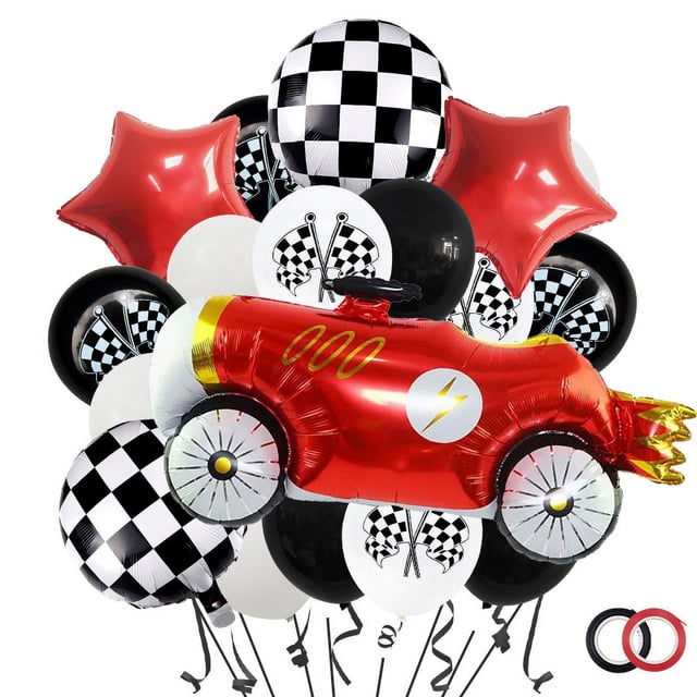 Juego de globos con diseño de coche de carreras, 19 piezas, rojo, negro y blanco a cuadros