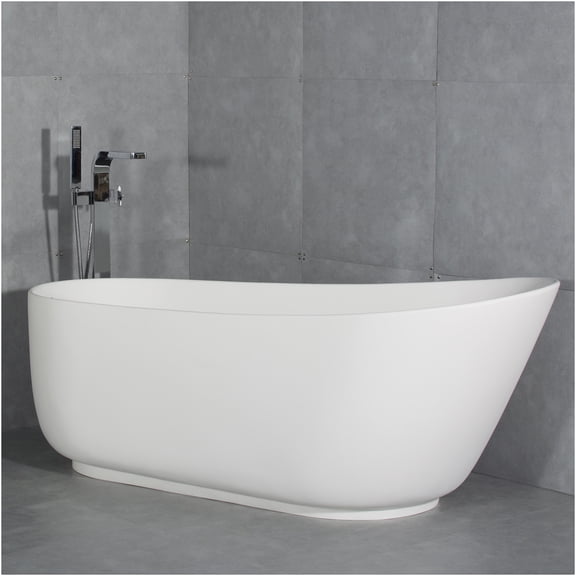 JERFIT 67" Freestanding Soaking Bathtub, Modern Oval Stone Resin Tub with Overflow, Matte White Finish for Luxury Bathroom