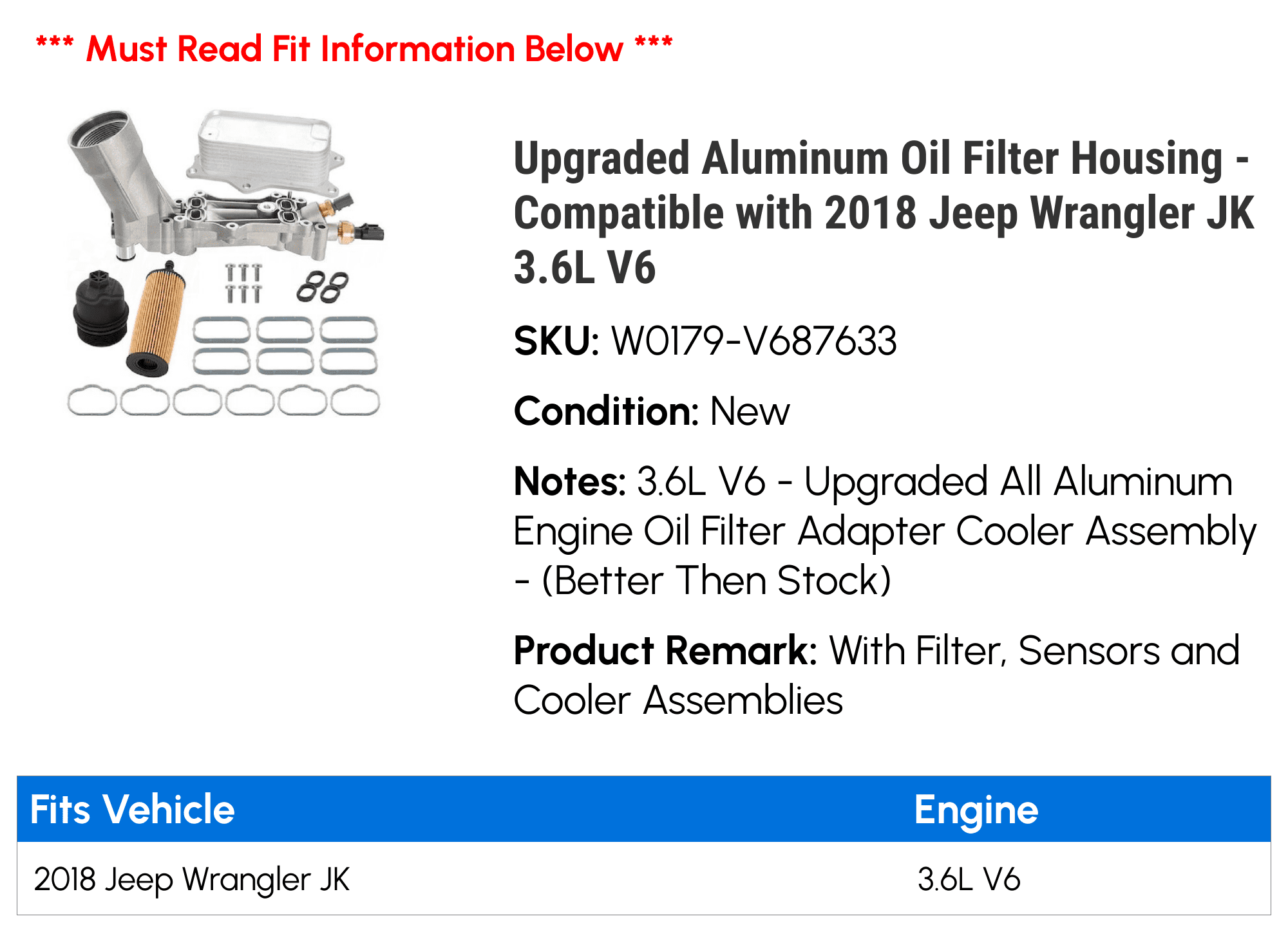 Upgraded Aluminum Oil Filter Housing - Compatible with 2018 Jeep Wrangler JK 3.6L V6