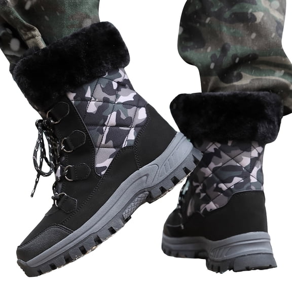 Camo Winter Hiking Boots for Women Fashion Lace up Mid Calf Plush Warm Snow Booties Cold Weather Outdoor Waterproof Athletic Shoes Black Size 8