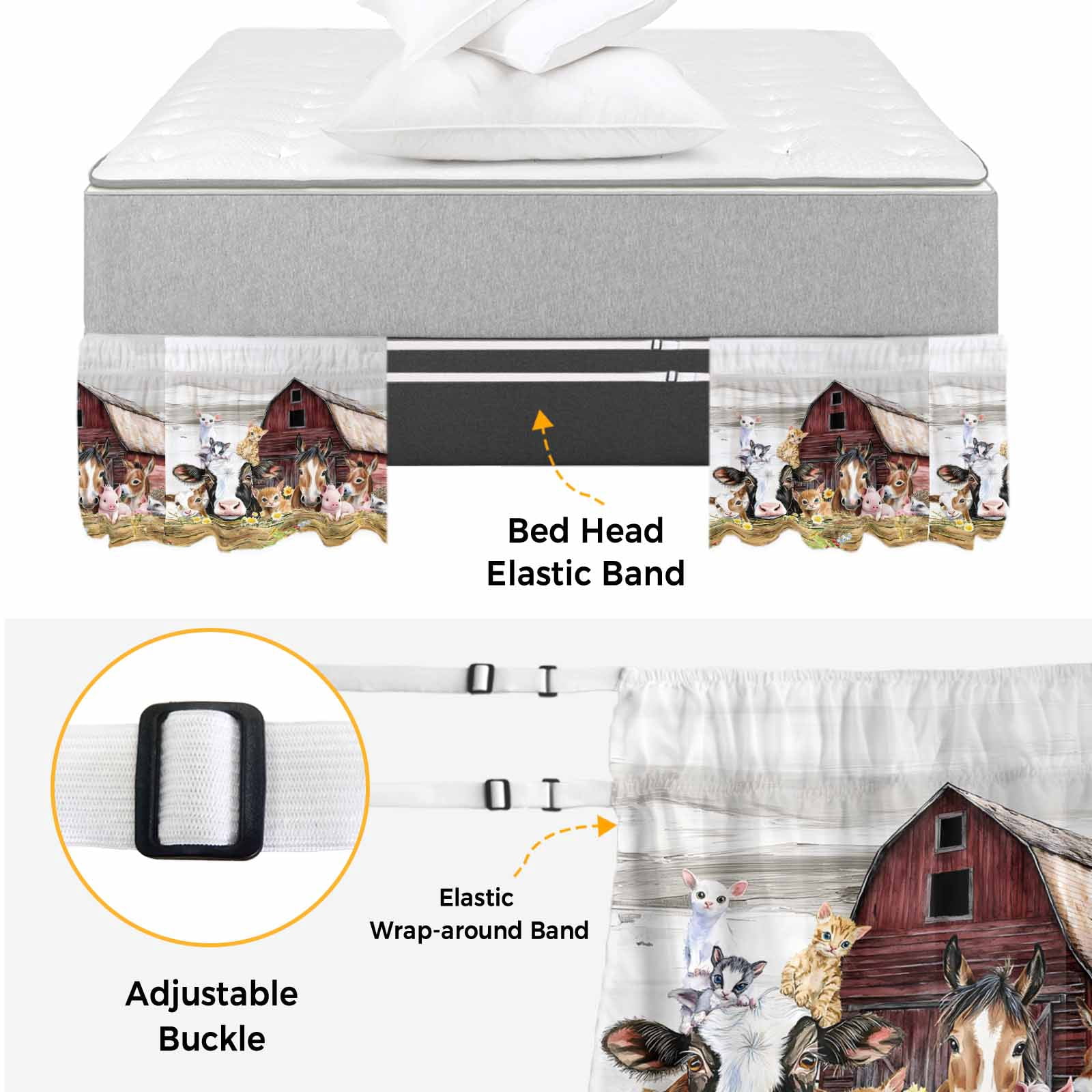 Farmhouse Animals Bed Skirt Queen Size, Cow Pig in Fence Retro Wood Barn Wrap Around Bed Skirting with Adjustable Elastic Strap, Dust Ruffle Pleated Bedskirts 16 Inch Drop for Bedroom Queen Beds