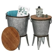 Farmhouse Accent Side Table, Rustic Antique Galvanized End Coffee or Cocktail Table, Storage Metal Bin with Round Wood Lid Set of 2 (Galvanized)