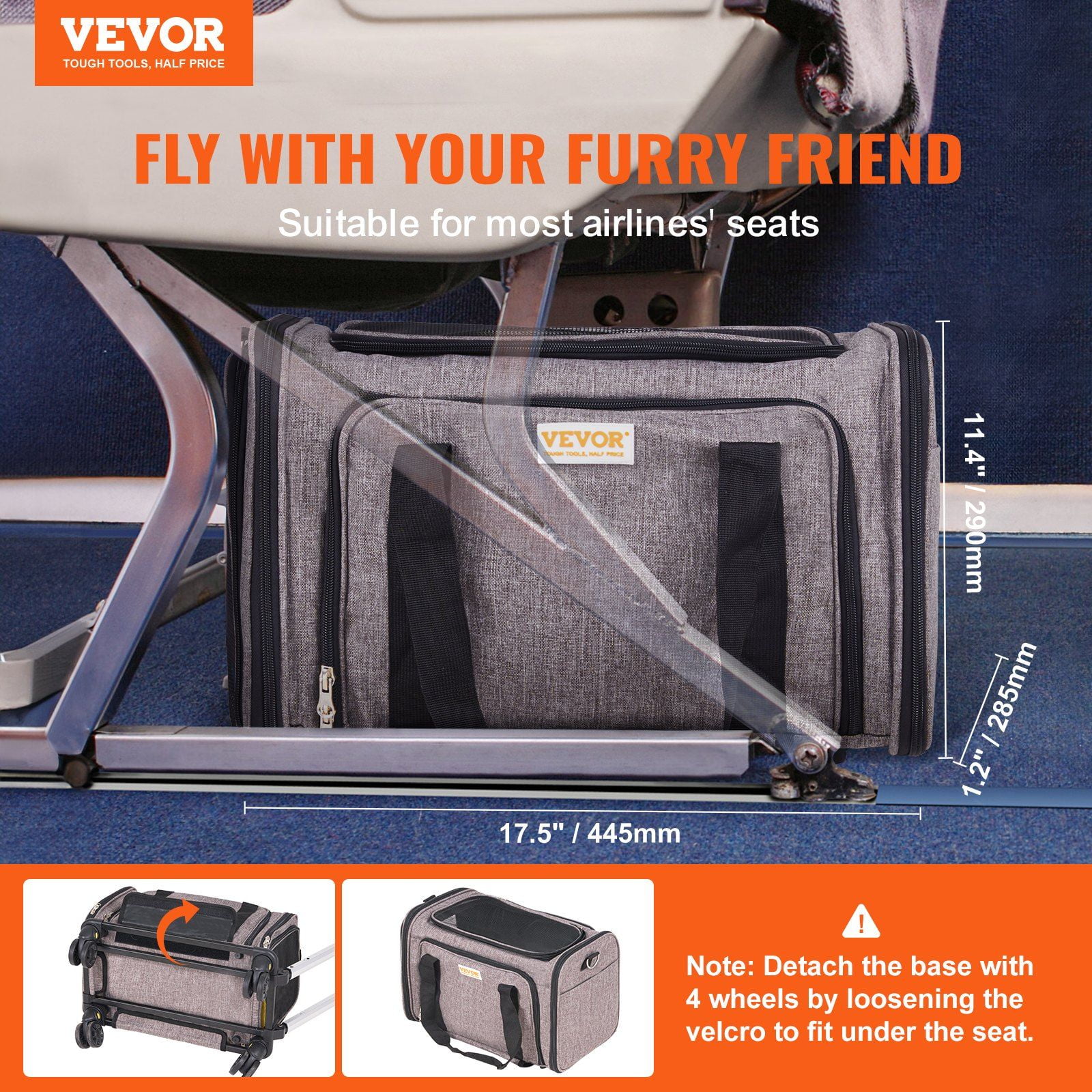CAFORKP Rolling Pet Carrier for Air Travel - Airline Approved Cat & Dog Carrier with Telescoping Handle, Wheels, Shoulder Strap & 1 Folding Food/Water Bowl, Grey, Pets Up to 25 lbs