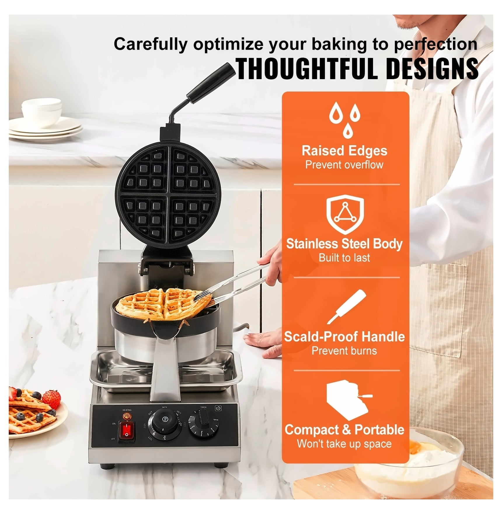 Round Waffle Maker 1300W Non-Stick - Rotatable Waffle Iron Machine 7.5 Inch Baking Plate - Adjustable Temperature 122-572°F - Stainless Steel Commercial Waffle Maker