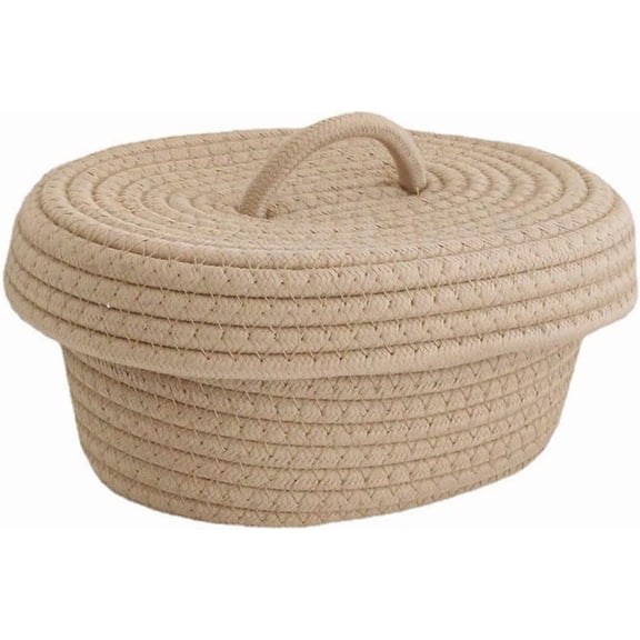 ABCISI Fabric Storage Bins with Lids, Oval Cotton Rope Storage Basket with Handle, Woven Nursery Storage Container, Multifunctional Desktop Storage Box for Makeup Sundries Snack Needles, Khaki