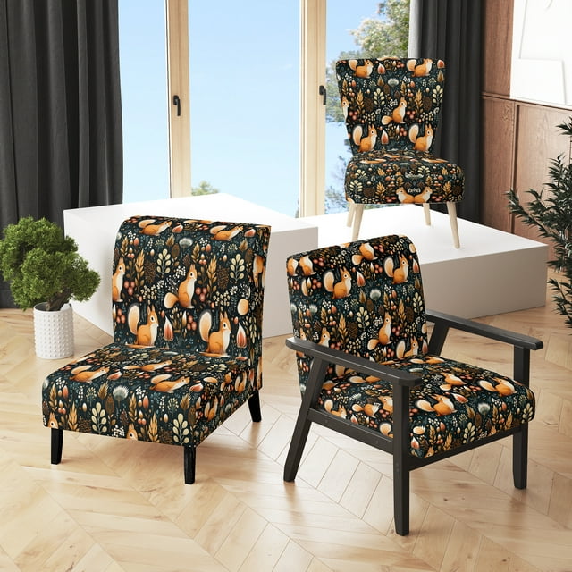 Designart "Squirrel Frolic I" Orange Animal Print Upholstered Accent Chair - Farmhouse Arm Chair For Living Room