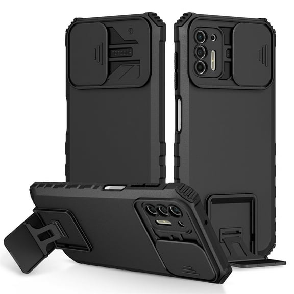 for Motorola Moto G9 Plus 6.81" 2020 Case with Tempered Glass Screen Protector Built-in Kickstand Len Sliding Cover Shock Absorption Two-layer Heavy Duty Protective Hybird Cover, Black