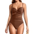thumbnail image 2 of Womens One Piece Swimsuit 2025 V-Neck Ruched Mesh Bathing Suit with Spaghetti Straps, Tummy Control Swimwear, 2 of 5