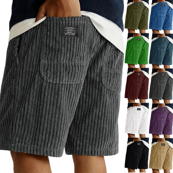 Yifymode Men's Corduroy Casual Shorts Elastic Waist Loose Fit Vintage Style Summer Beach Shorts with Pockets