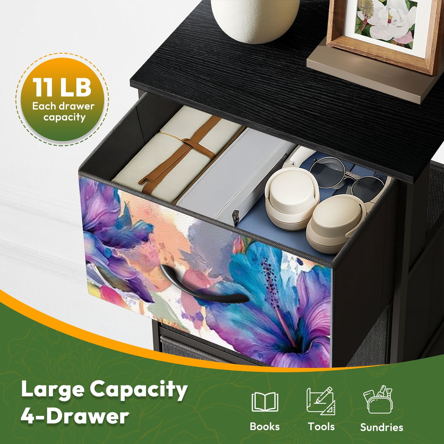 4 Drawer Vertical Storage Dresser Watercolor beautiful hibiscus flowers Dirty colorful with Wood Top Fabric Pull Drawers