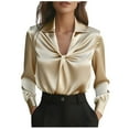 thumbnail image 2 of Antqov Satin Tops for Women, Solid Color V Neck Lapel Long Sleeve Pleated Elegant Loose Fit Blouses, Fall Trendy Casual Work Top Office Comfy Dressy Shirts, 2 of 3