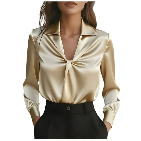 Ahdbta Womens Elegant Satin Silk Shirts Long Sleeve Collared V Neck Blouse Casual Loose Dressy Business Work Office Tunic Tops