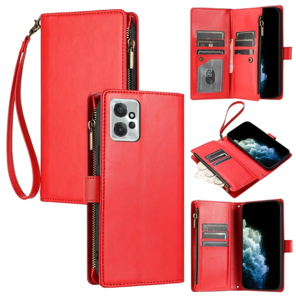 Motorola Moto G Power 2023 Case , Card Slots PU Leather Folio Flip Wallet Zipper Compatible with Motorola Moto G Power 2023 Cover - Red