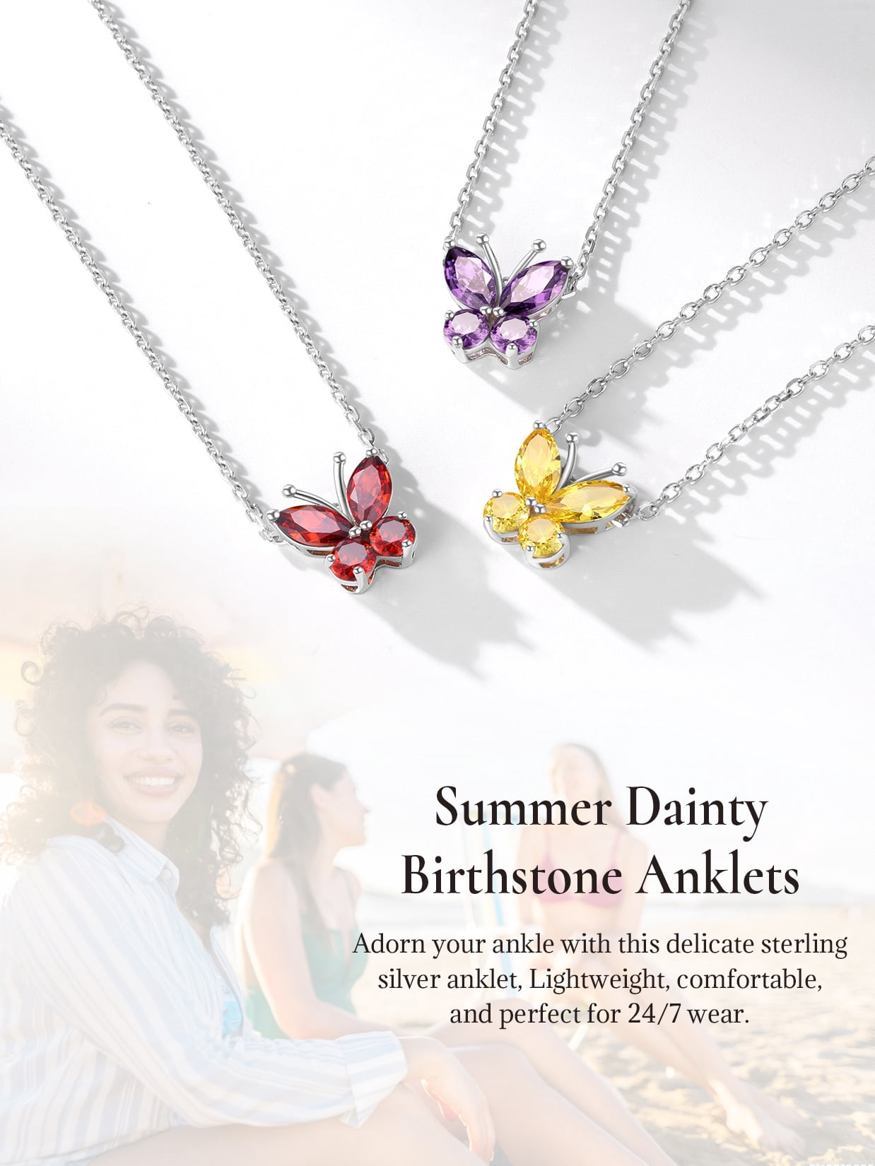 U7 Sterling Silver Anklet for Women Butterfly October Birthstone Foot Bracelet Summer Beach Holiday Jewelry Gift for Her Daughter Birthday