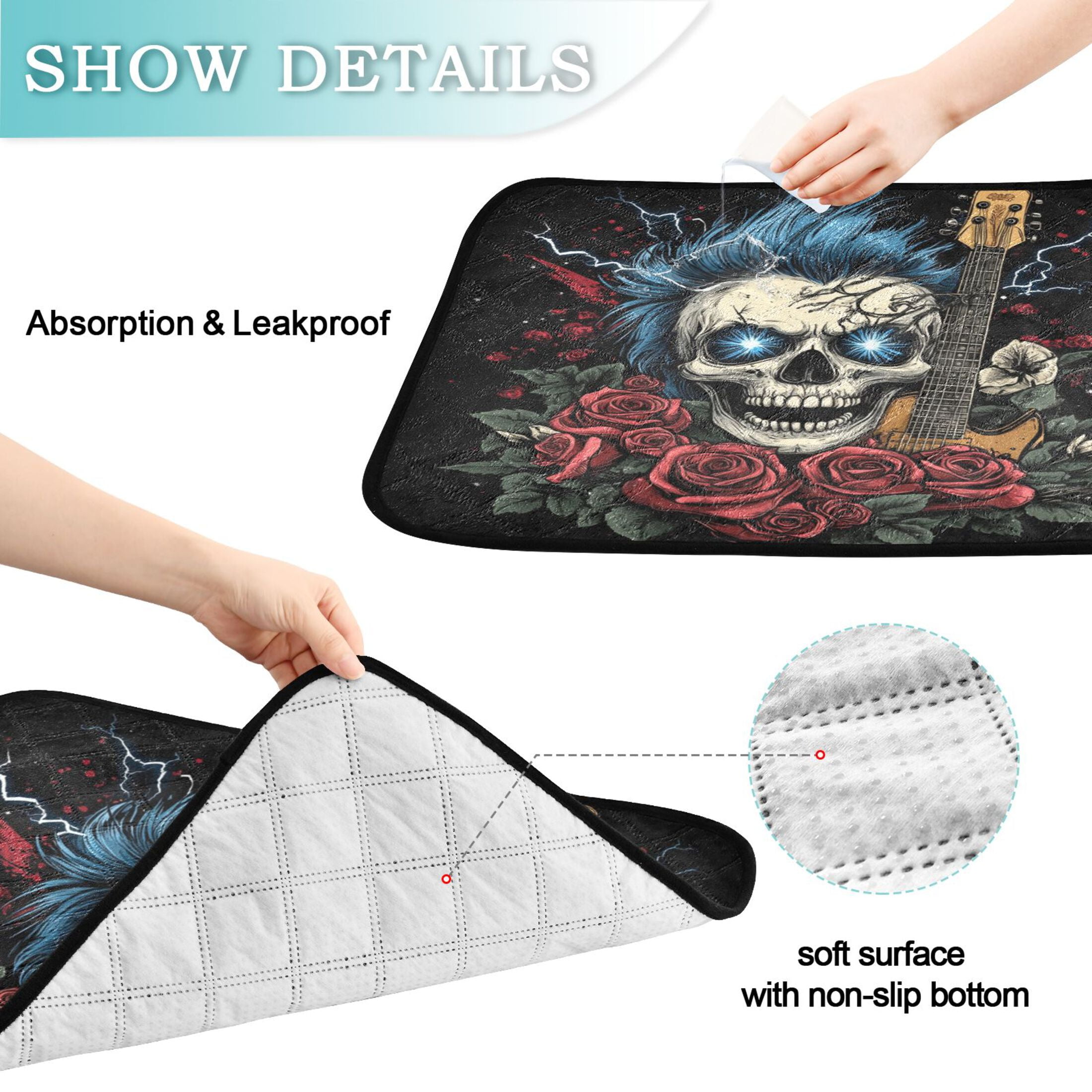 Qxltty Blue Hair Skull Guitar Pattern Cat litter Pads Pet Set of 3 Diaper Mats Center Anti-leakage Layer Absorbent Soft and Comfortable
