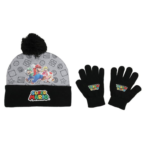 Super Mario Brothers and Princess Peach Youth Cuff Beanie and Gloves Set