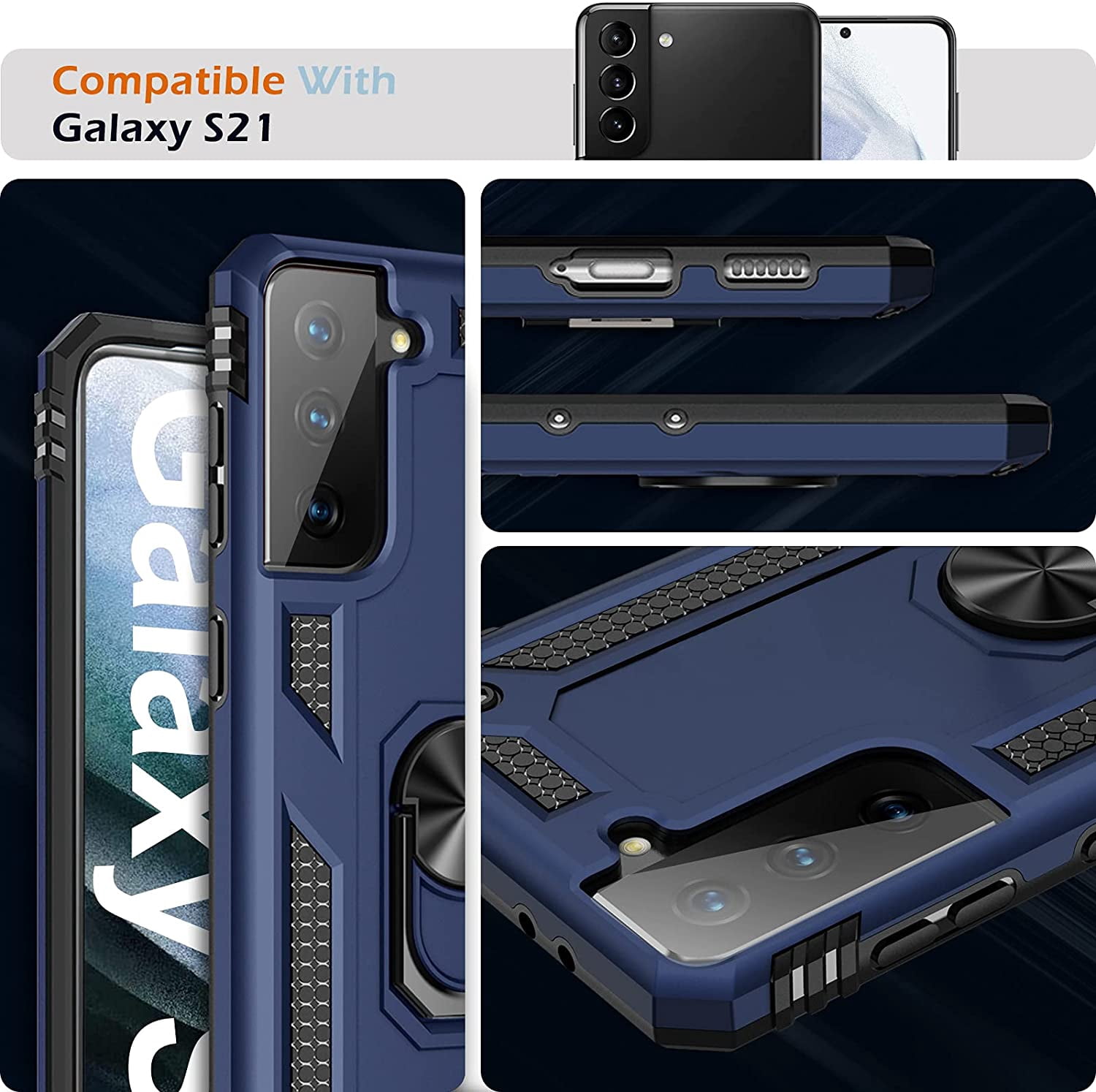 Case for Samsung Galaxy S21 5G Case Heavy Duty with Built in Screen Protector Hard  Military Anti-Fall Bumper Cover for Samsung S21 5G 6.2 2021 Phone Cases with Magnetic Ring Kickstand Black