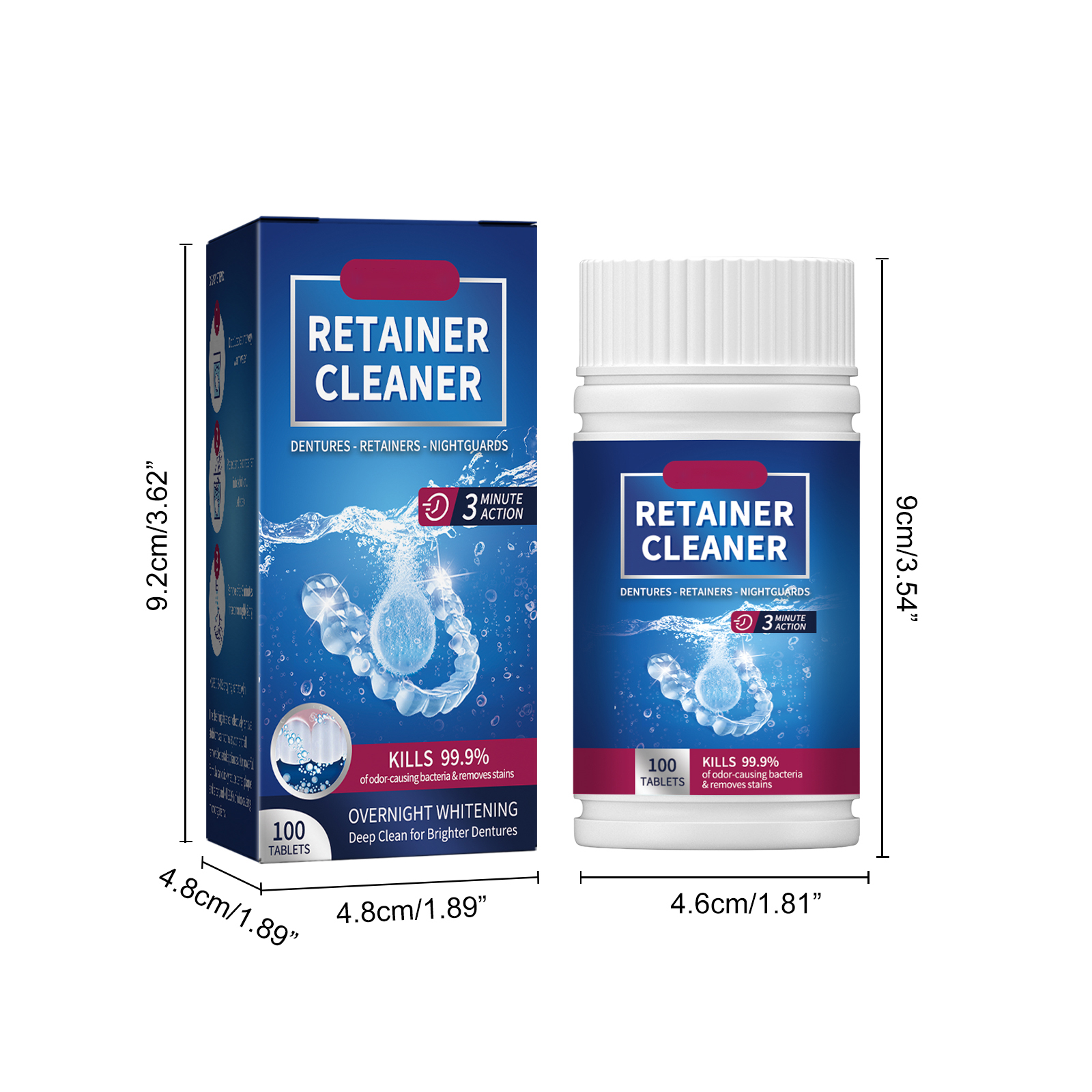 Alvantor Denture Cleaning Tablets for Retainers Aligners Night Guards Removes Odor Plaque Stains Mint Fresh, 100tables