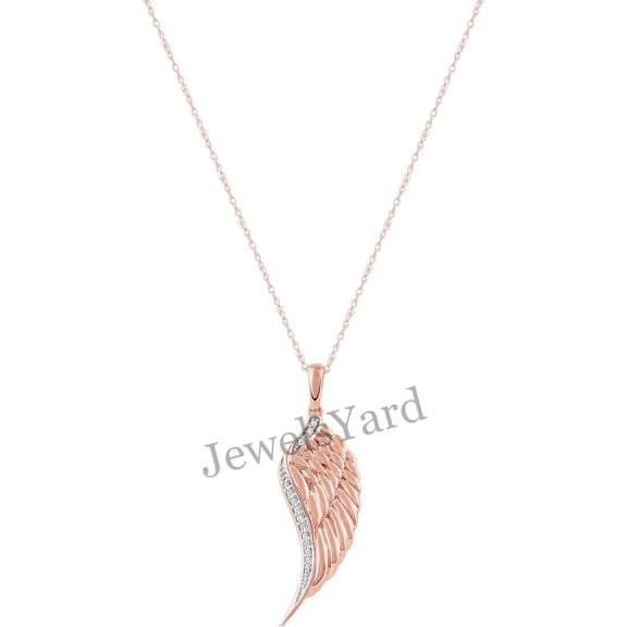 JewelsYard Real 925 Sterling Silver 14K Rose Gold Finish Round Cut White Diamond Single Angel Wing Feather Fashion Pendant Necklace Jewelry for Women