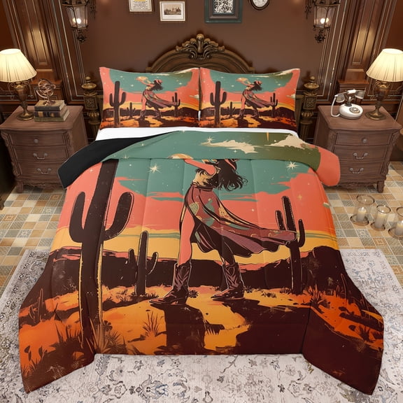 Feelyou Hippie Princess Teens Bedding Comforter Set, Vintage Western Cactus Plant Twin Comforter Sets, Kawaii Cowgirl Cowboy Reversible Bedding Set, Super Cozy Room Decor, 2 Pieces