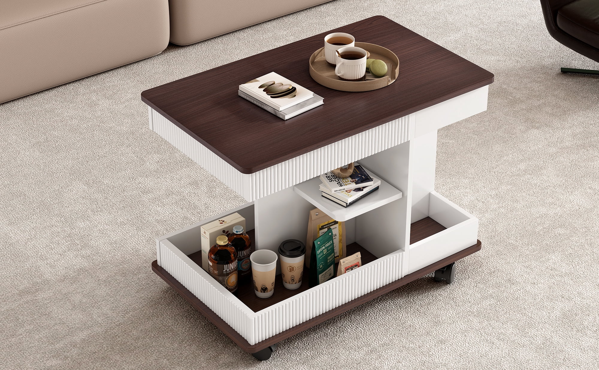 Euroco Modern Lift-Top Rotating End Table with Wood Grain Finish, Storage & Lockable Casters