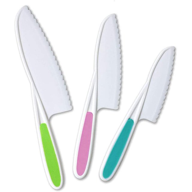 TORUBIA 3 Pieces Safe Nylon Cooking Knives for Children, Plastic Kitchen Knife Set for Kids for Lettuce or Salads