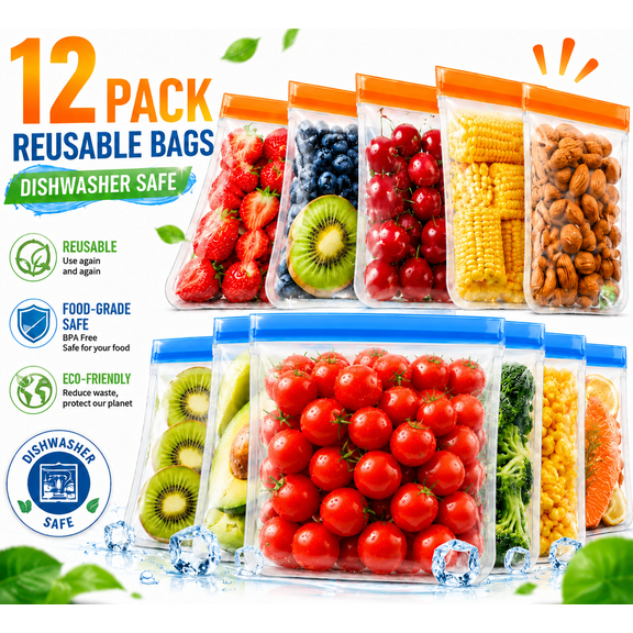 Lerine 12 Pack Dishwasher Safe Reusable Sandwich Bags, Leakproof Double Zipper, Freezer Bags,Orange&Blue