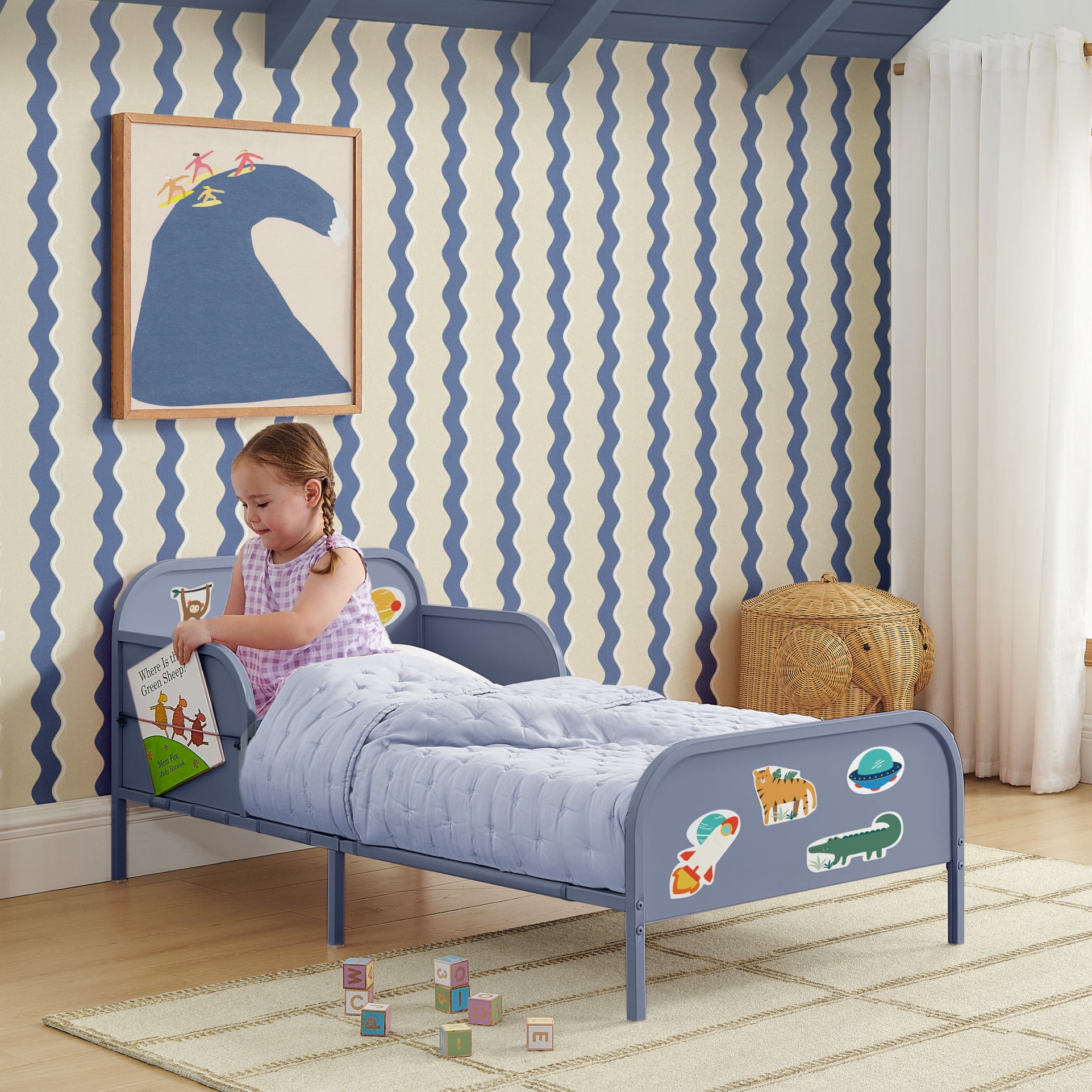 Delta Children Magic Magnet Toddler Bed with Customizable Magnets & Built-In Book Storage, Denim Blue