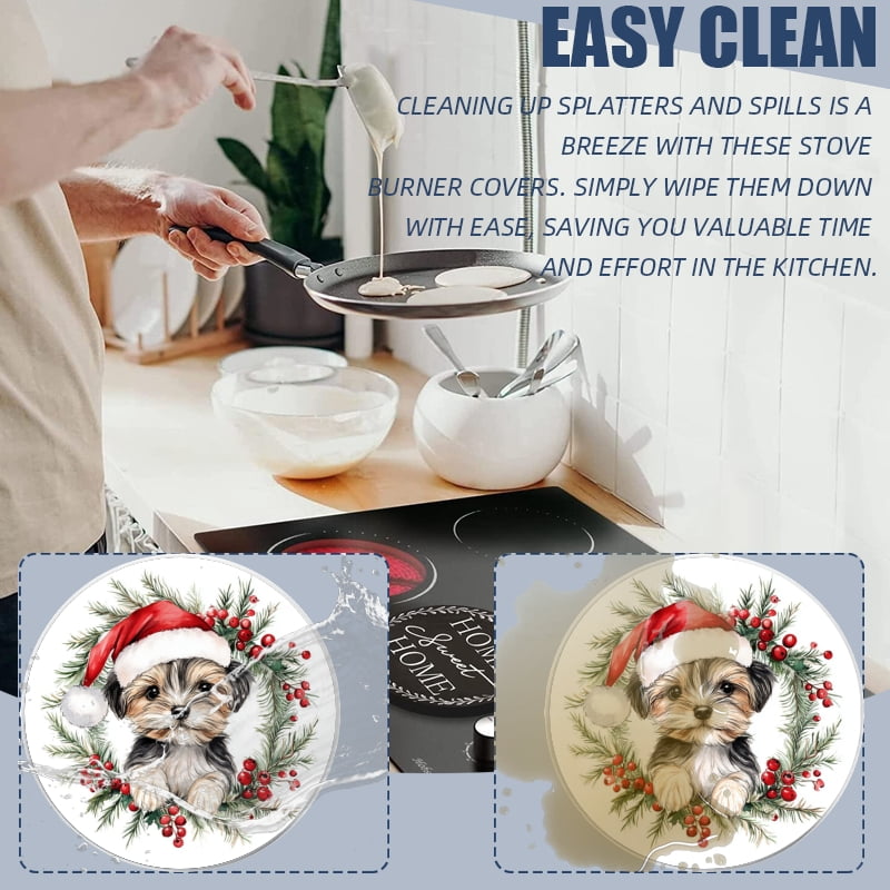Round Stove Burner Covers for Electric Stove, Christmas Cute Wreath Fluffy Dog Mental Easy to Clean Gas Stove Burner Covers Set of 4 for Kitchen Cooktop Decor, 8 Inches and 10 Inches