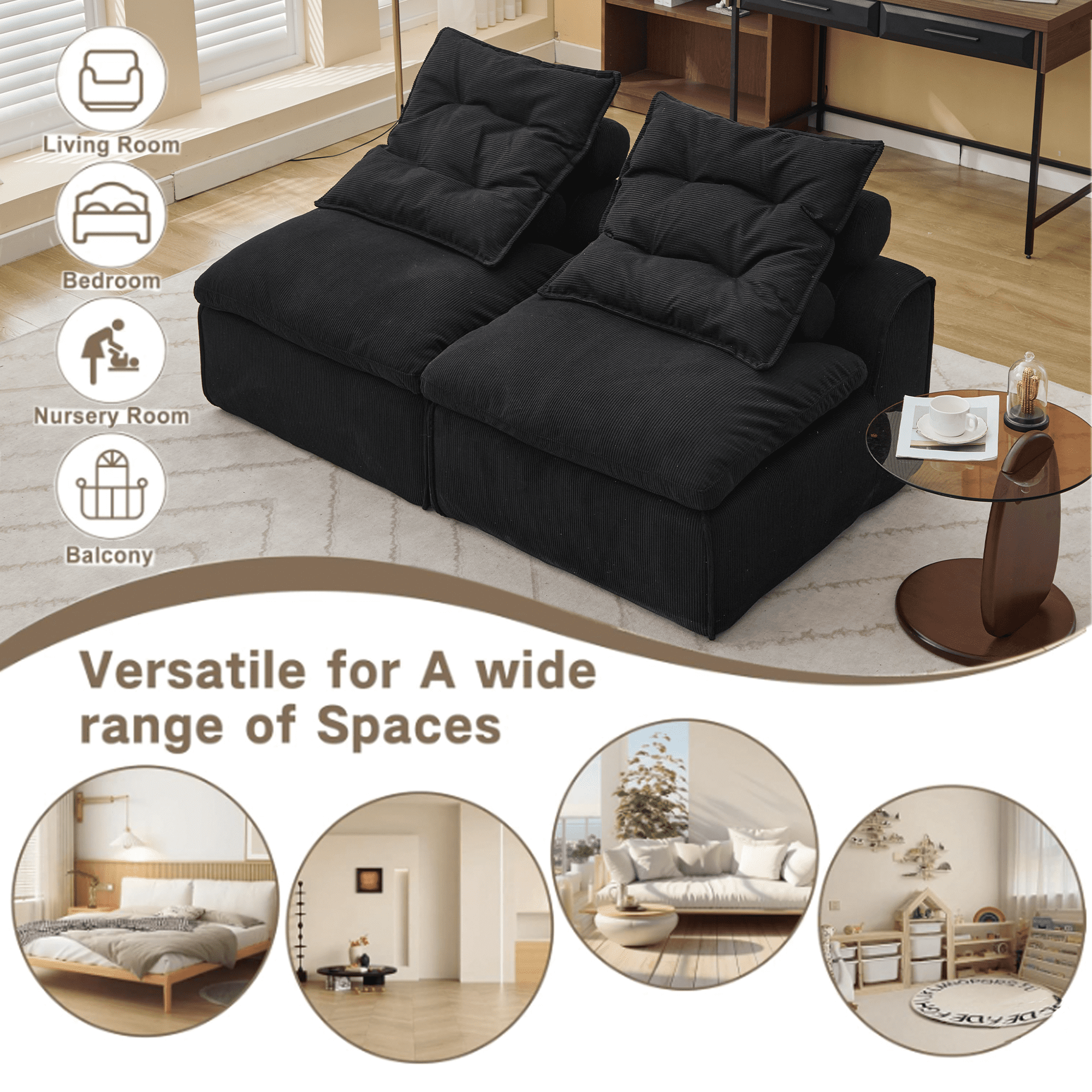 Aukfa 66" Tufted Modular Sofa, Armless Compact Couch for Small Spaces & Cozy Lounging, Black