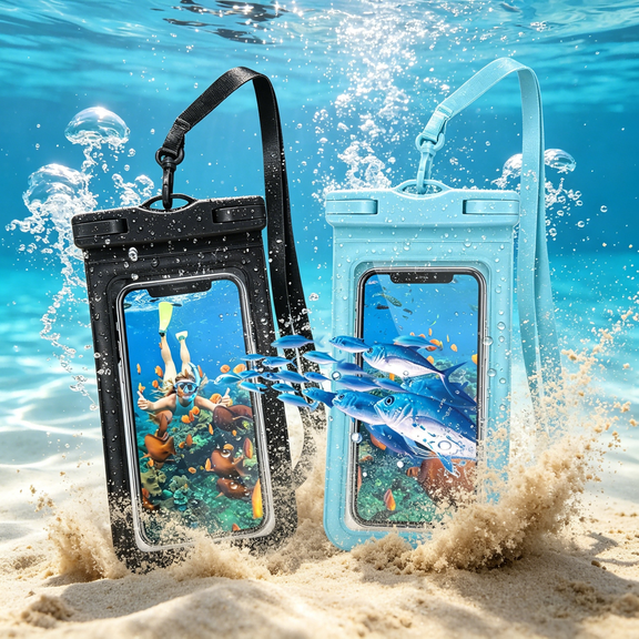 Waterproof Phone Pouch 2 Pack, Bag with Touchscreen Window & Adjustable Strap for Beach, Swimming, Kayaking (Black & Blue)