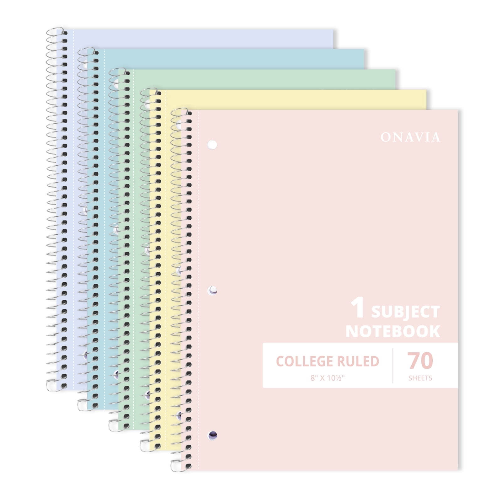 ONAVIA Spiral Notebook, College Ruled, 1 Subject Notebook Bulk, 5 Pack, 8" x 10.5", Durable Cardboard Back with 3 Hole Punched Paper for Classroom and Office, 70 Sheets, Assorted Colors