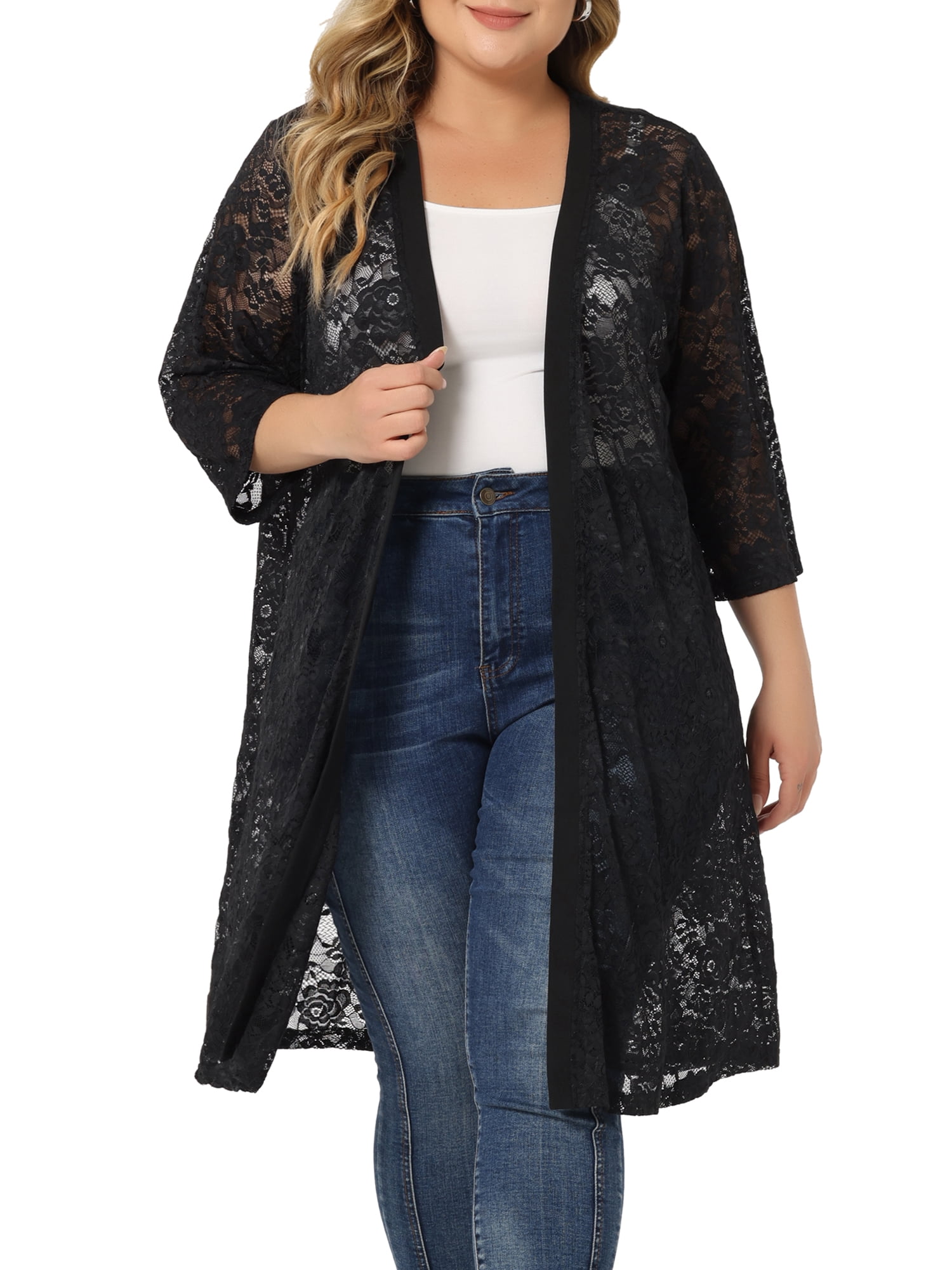 DARING DIVA Women's Plus Size Lace Crochet 3/4 Sleeve Cover Up Jacket 6X Dark Black