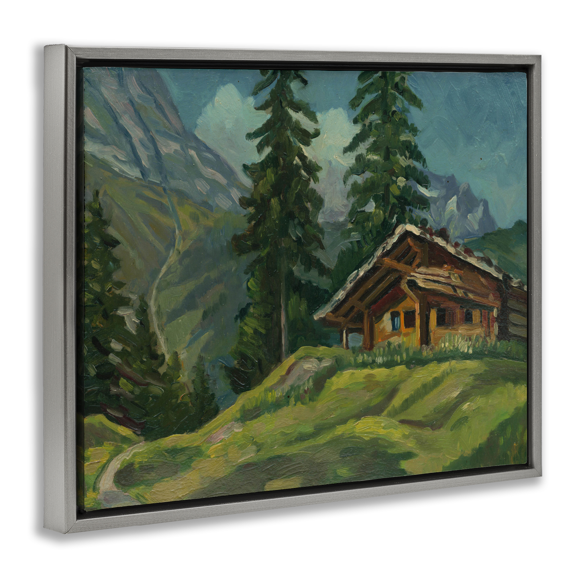 Cabin At Base Of Mountain Gray Framed Floater Canvas Wall Art, design by Lettered and Lined