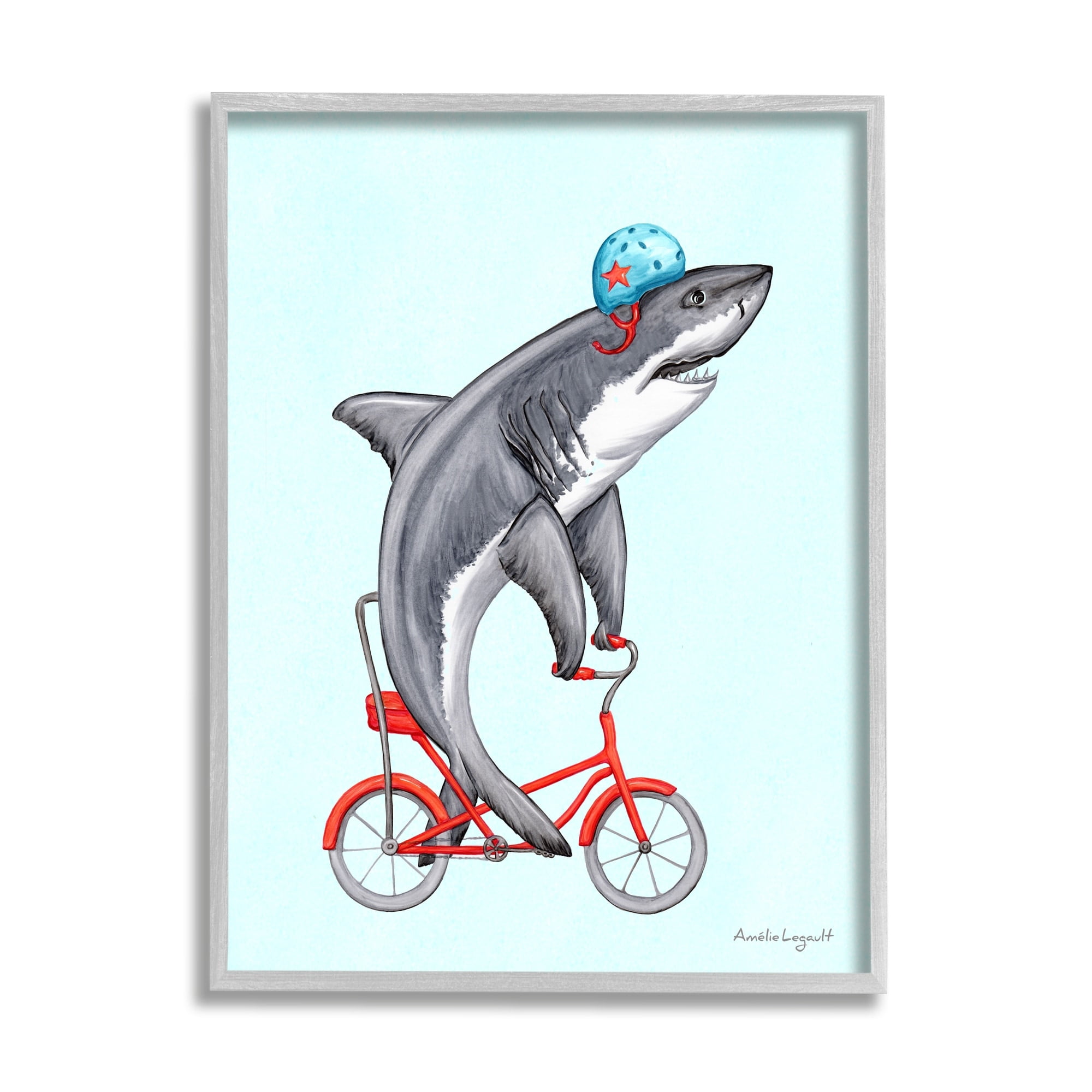 Stupell Industries Great White Shark On Red Bicycle Blue Helmet Graphic Art Gray Framed Art Print Wall Art, Design by Amelie Legault